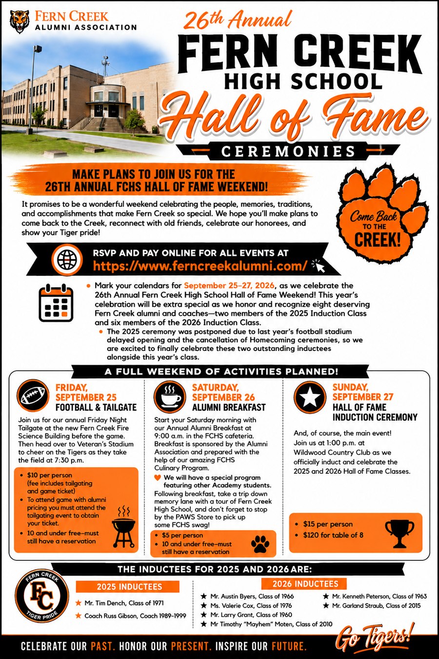 26th Annual Fern Creek High School Hall of Fame Ceremonies - September 25-27, 2026. Click for event details and registration.